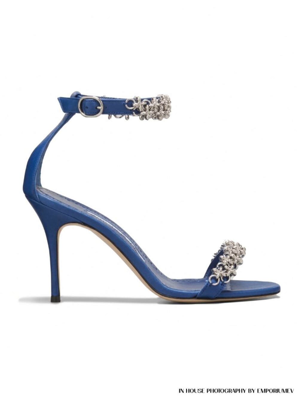 Manolo Blahnik Rekik Blue Leather Chain Ankle Strap Sandals Size IT 37 US 7